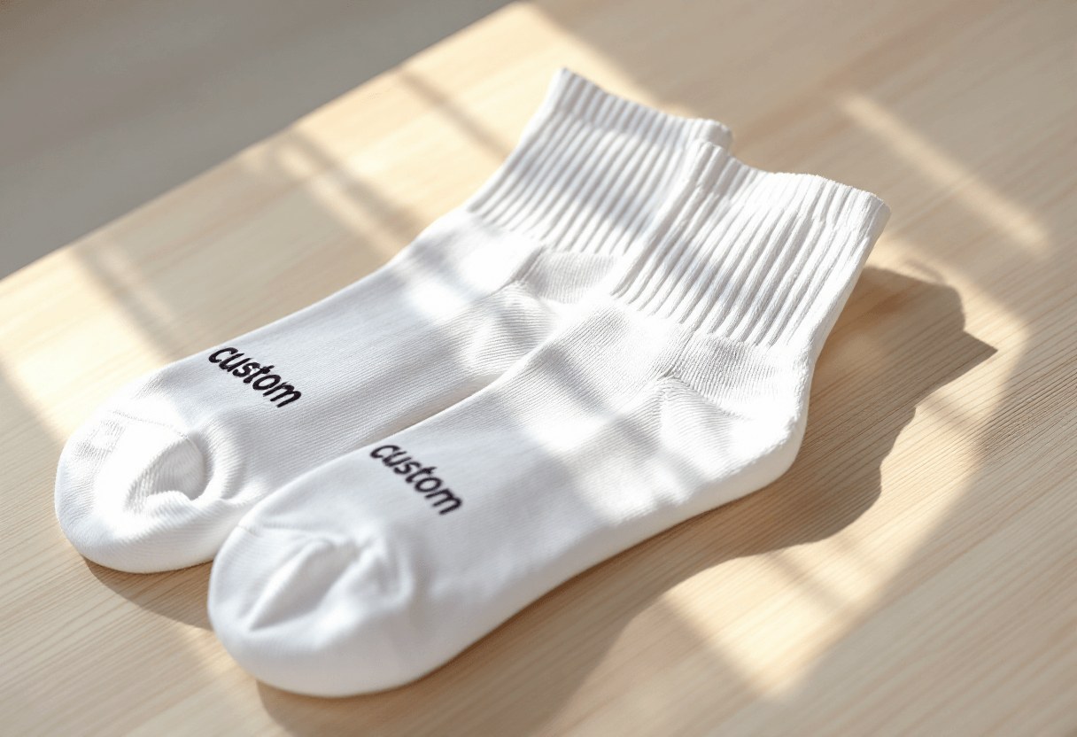Paire de chaussettes blanches personnalisées floquées « custom », posées sur bois